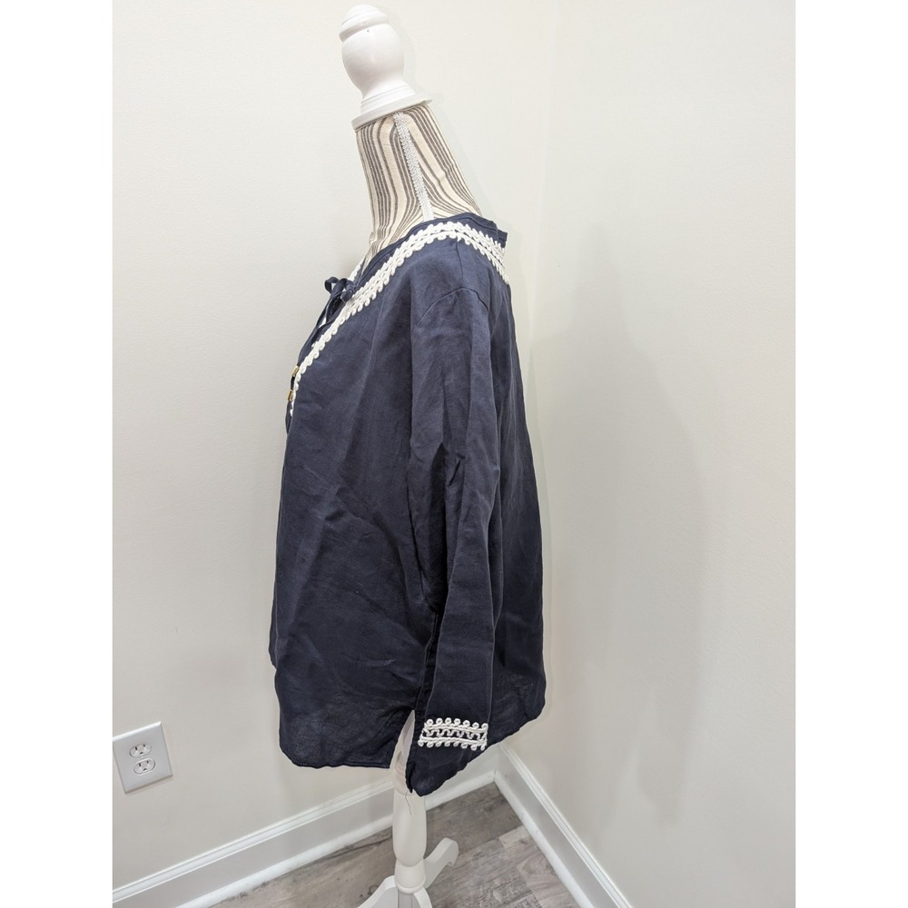NWT 100% Linen Navy Blue Embroidered Tunic Size XL Boho Cottagecore - Picture 7 of 11